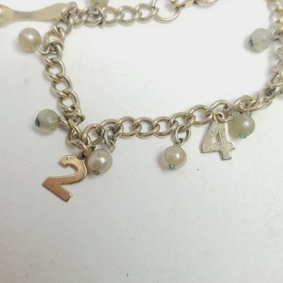 Vintage Gold Tone Charm Bracelet, 2 4 Spoons and Faux Pearls, Retro Estate - Picture 5 of 6